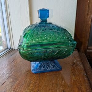 Vintage Jeannette Glass Pedestal Covered Candy Dish "Wedding Cake Box" Compote
